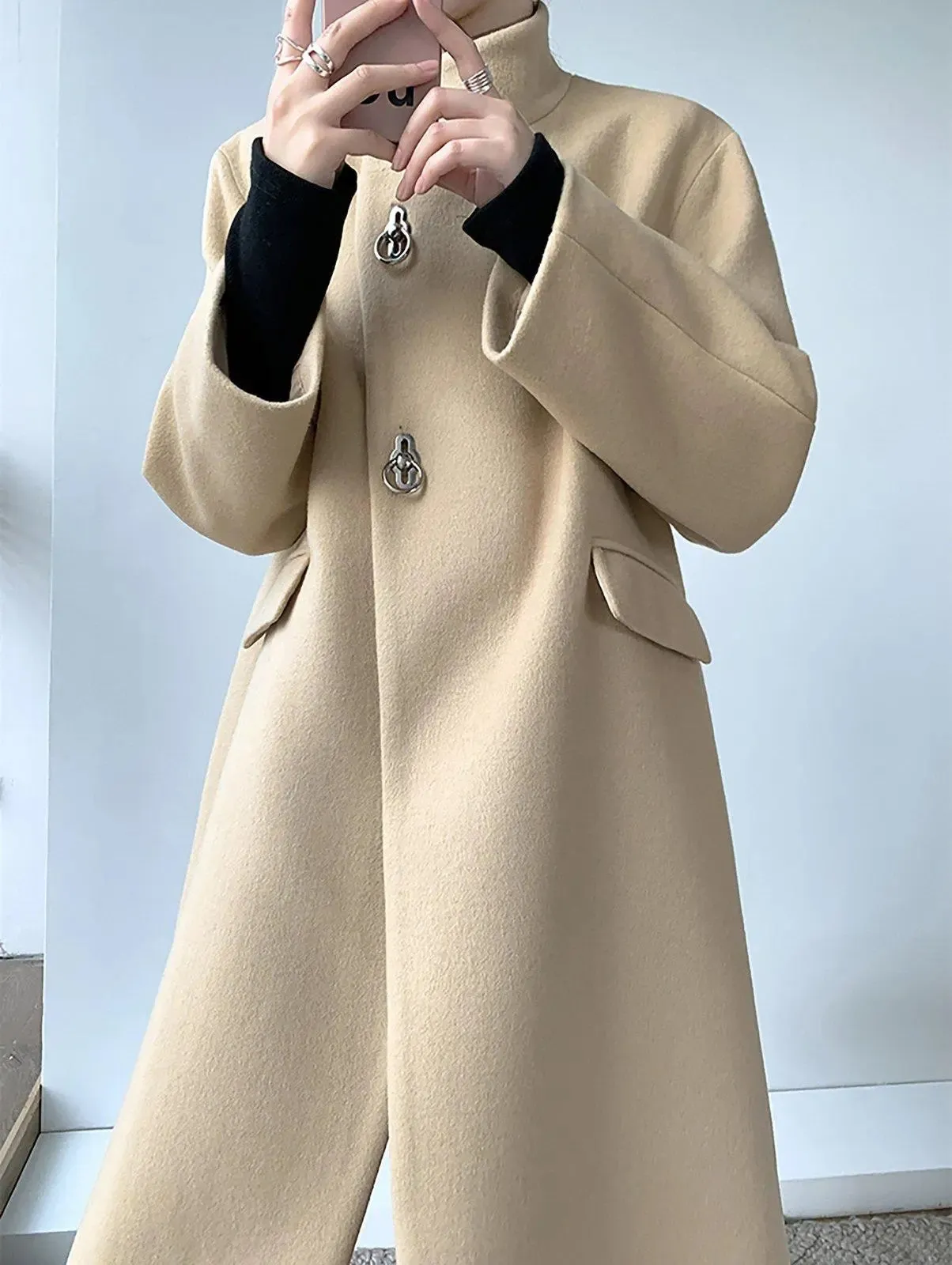 Stand Collar Hoop Loose Wrap Wool Blend Coat