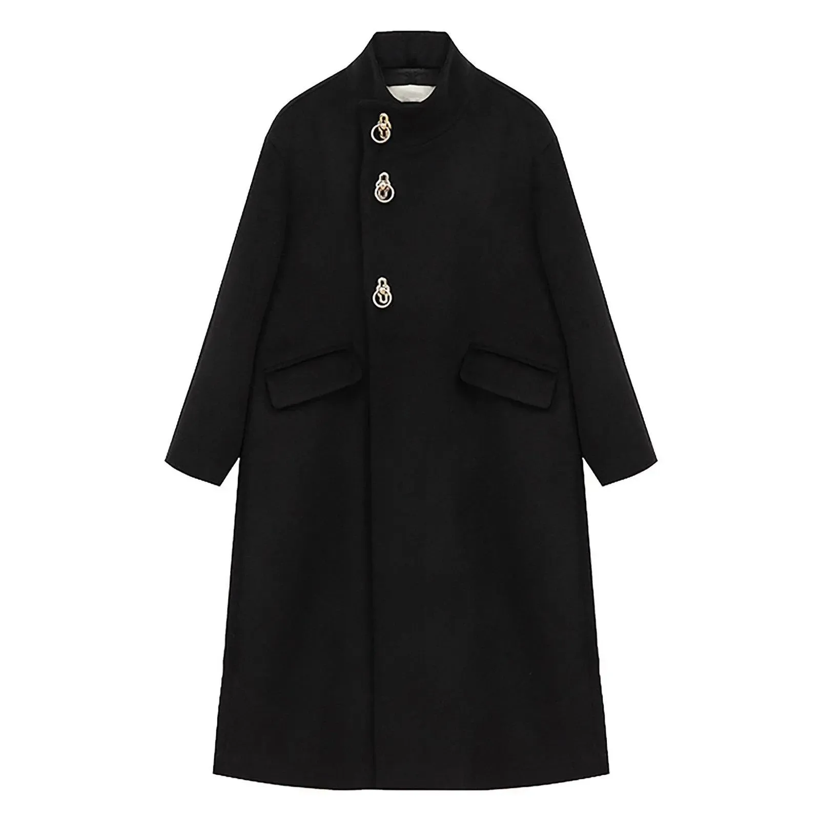 Stand Collar Hoop Loose Wrap Wool Blend Coat