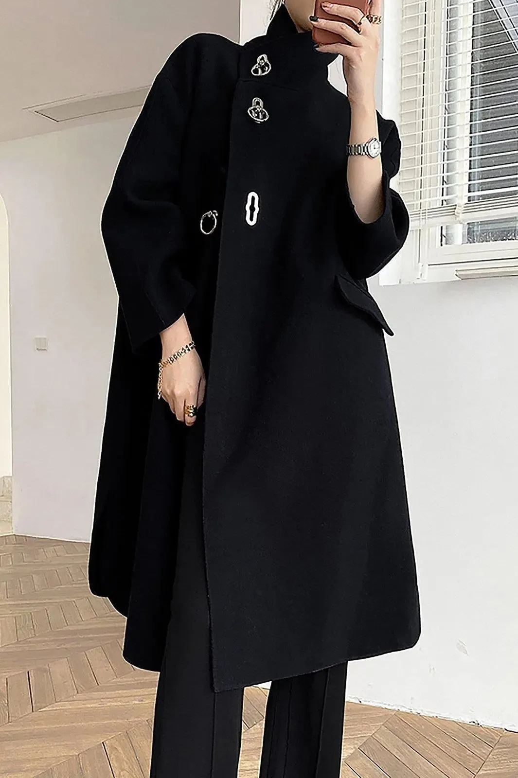 Stand Collar Hoop Loose Wrap Wool Blend Coat