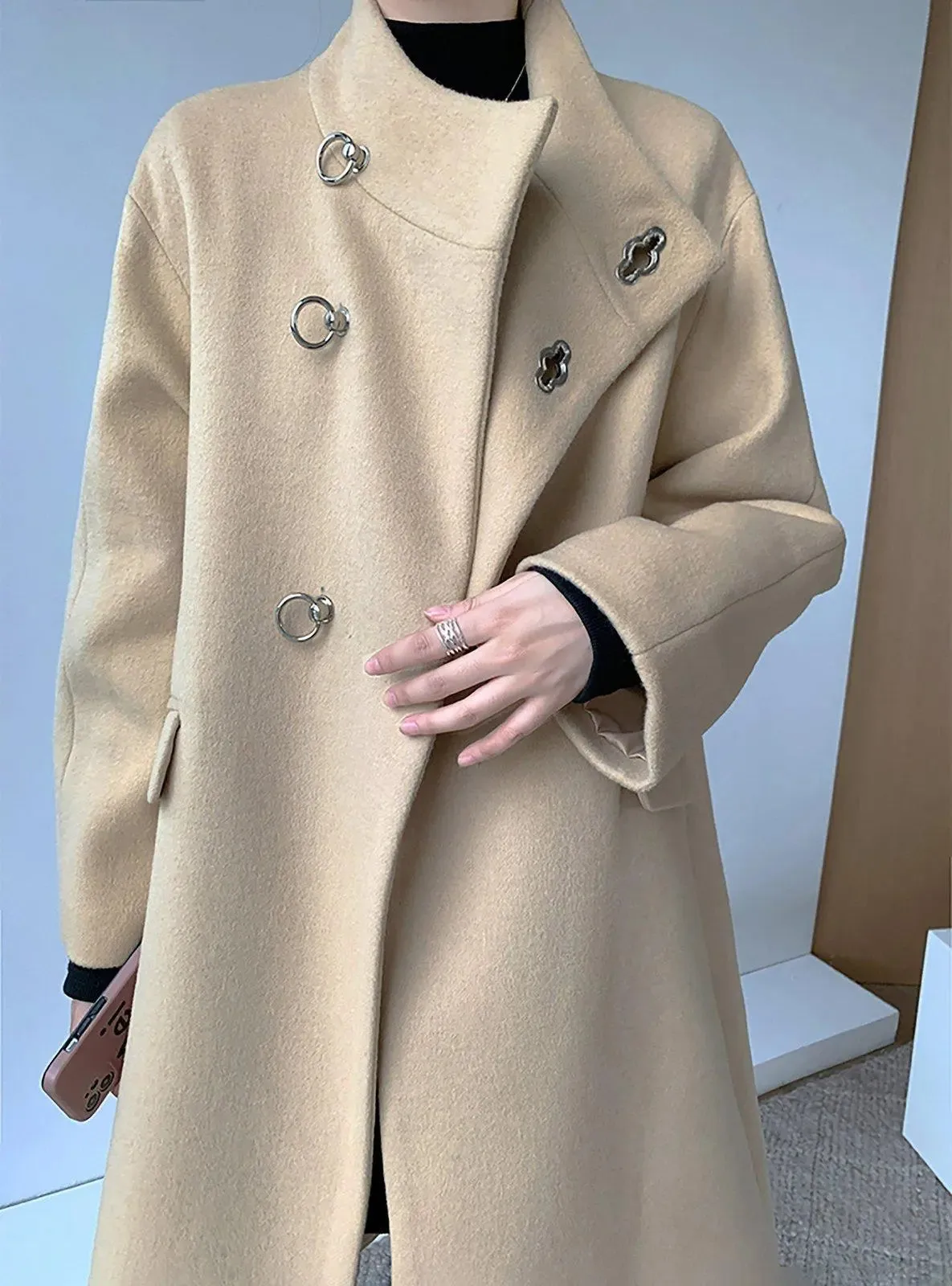 Stand Collar Hoop Loose Wrap Wool Blend Coat