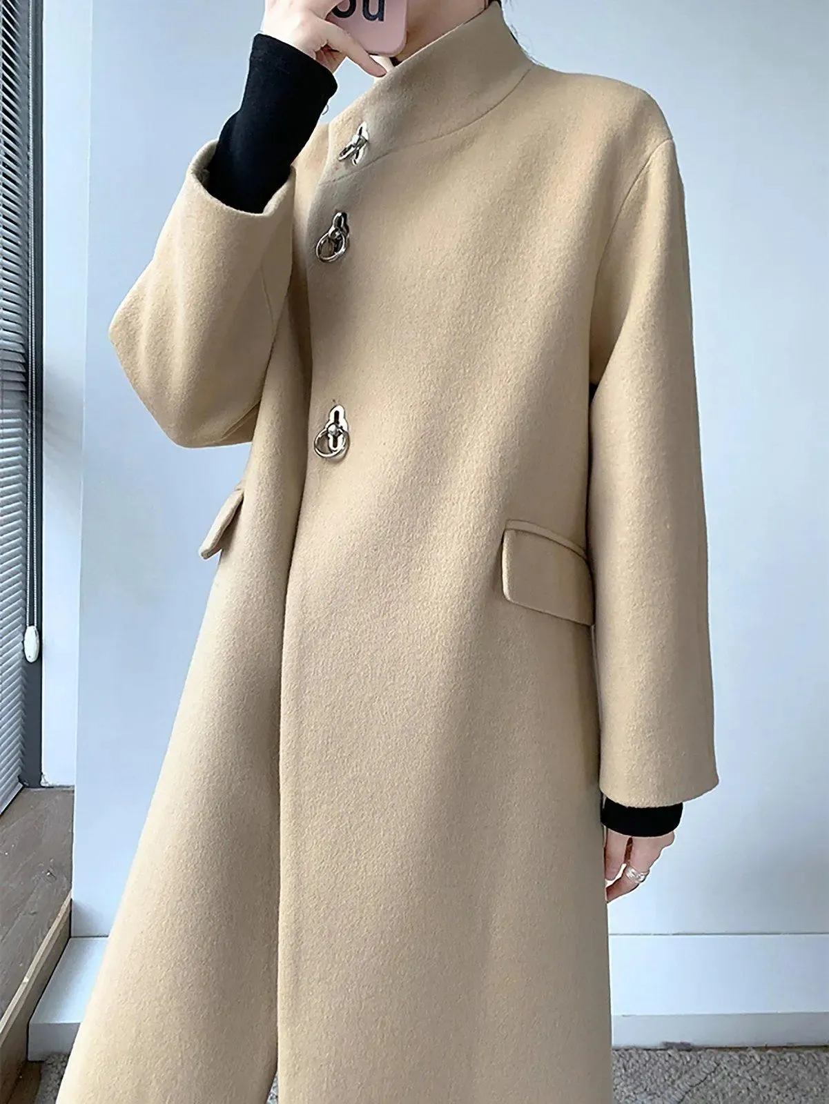 Stand Collar Hoop Loose Wrap Wool Blend Coat