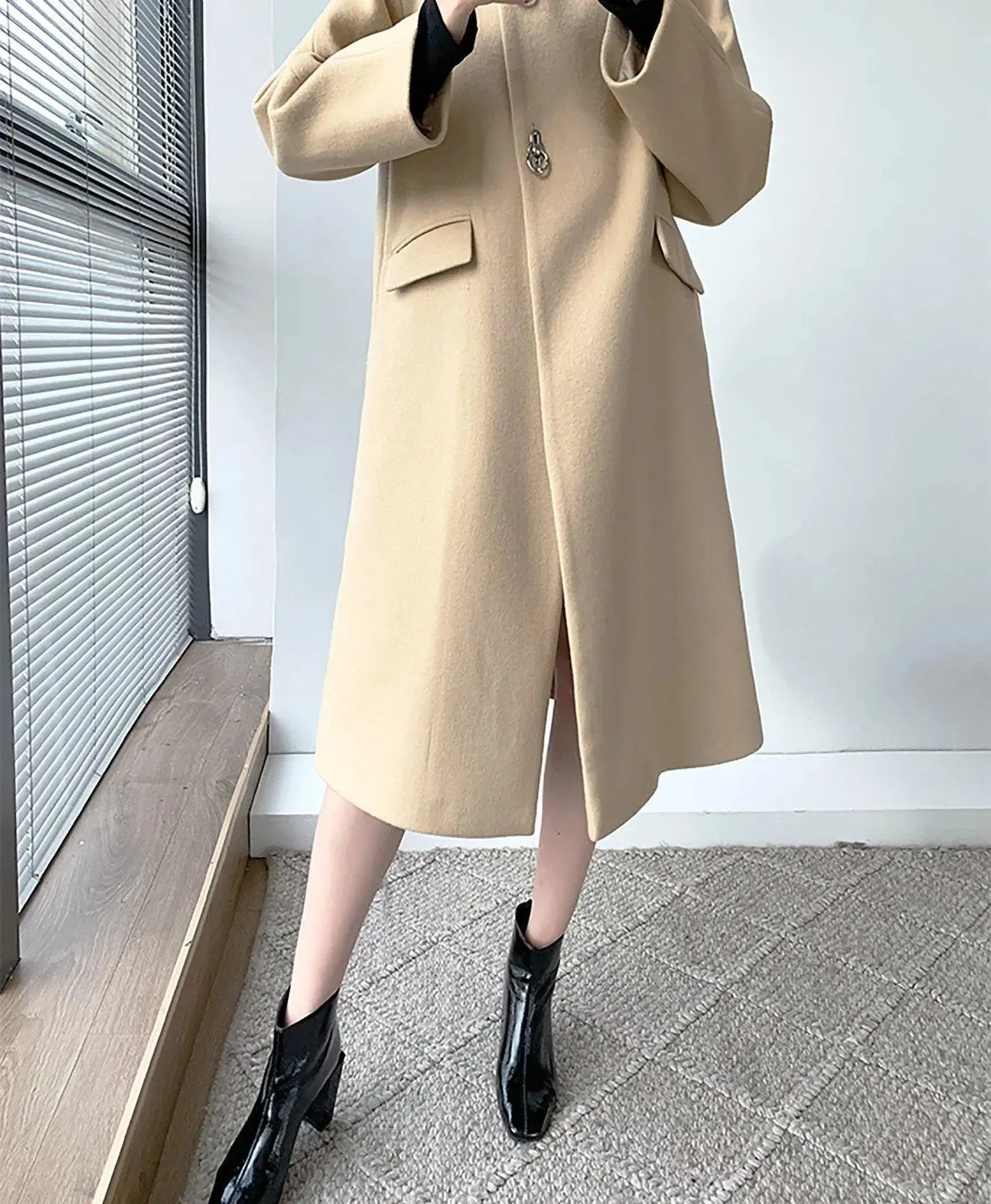 Stand Collar Hoop Loose Wrap Wool Blend Coat