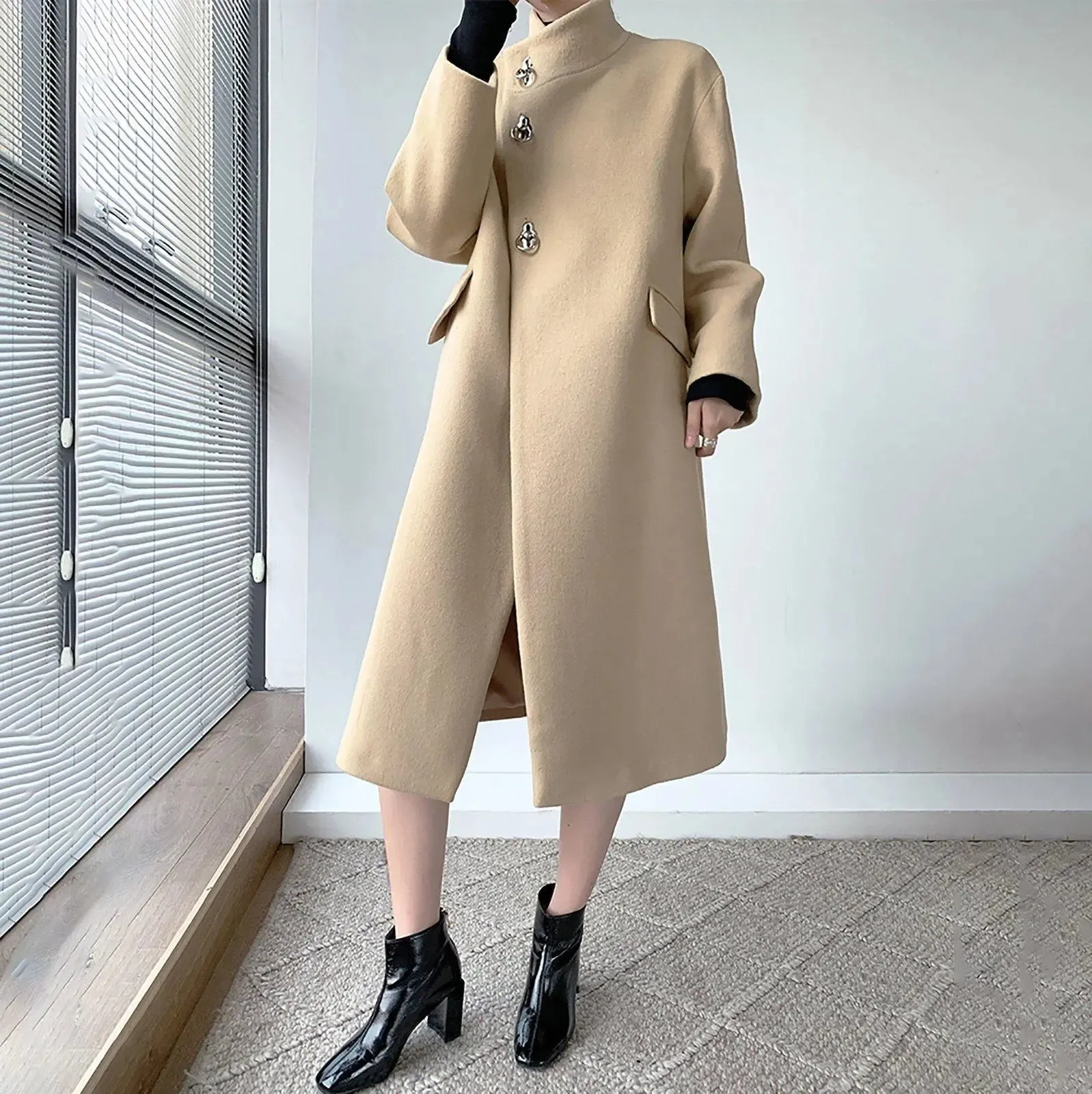 Stand Collar Hoop Loose Wrap Wool Blend Coat