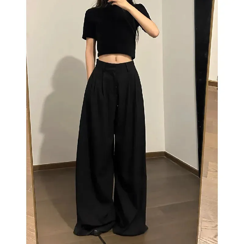 TAVIMART  -  Women Ruched Front Long Loose Woolen Korean Trousers Full Length Bottom Autumn Polyester Cotton High Waist Wide Leg Pants