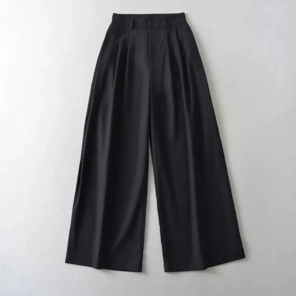 TAVIMART  -  Women Ruched Front Long Loose Woolen Korean Trousers Full Length Bottom Autumn Polyester Cotton High Waist Wide Leg Pants