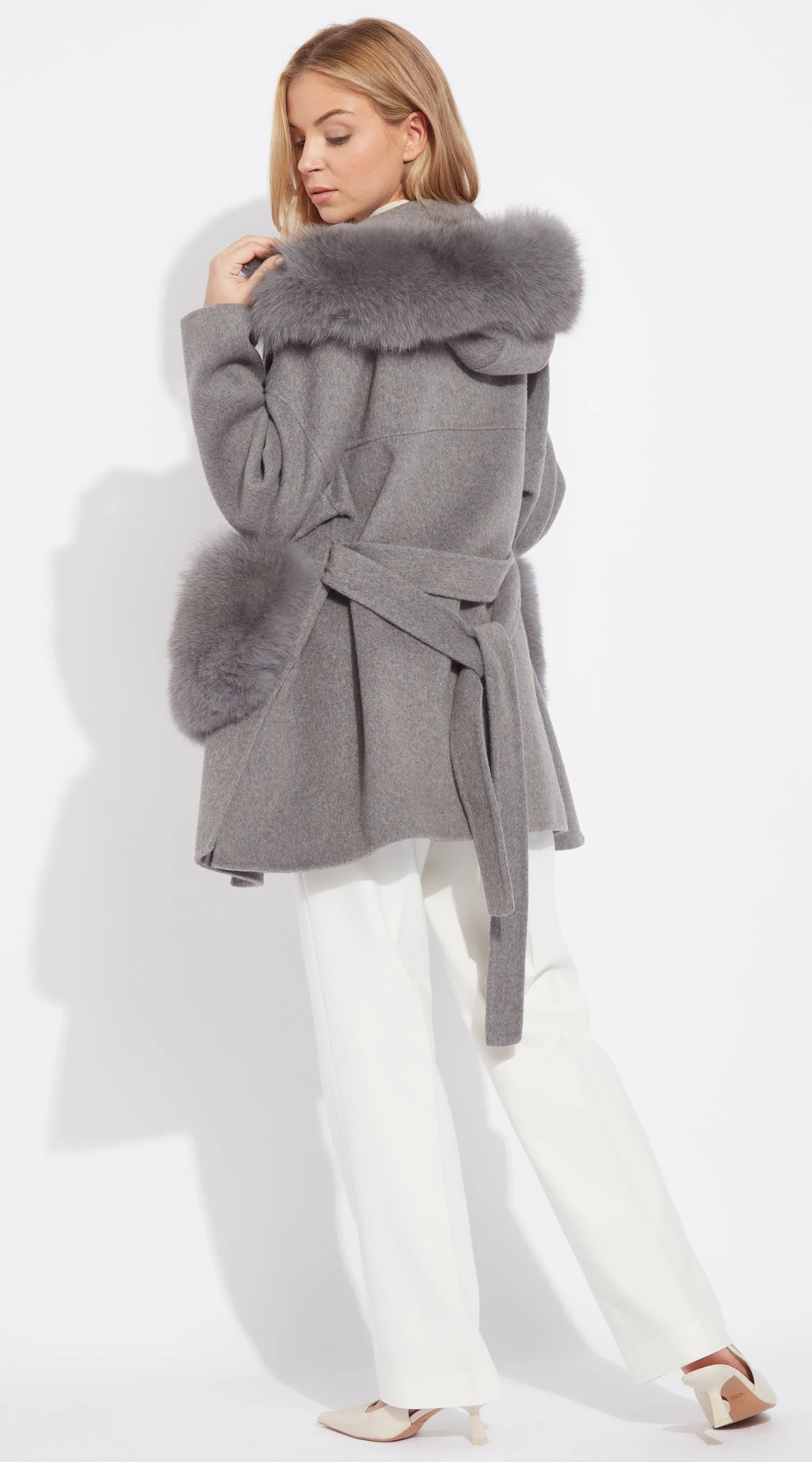 The London Cashmere & Fox Fur Hood & Pockets Belted Coat - Grey