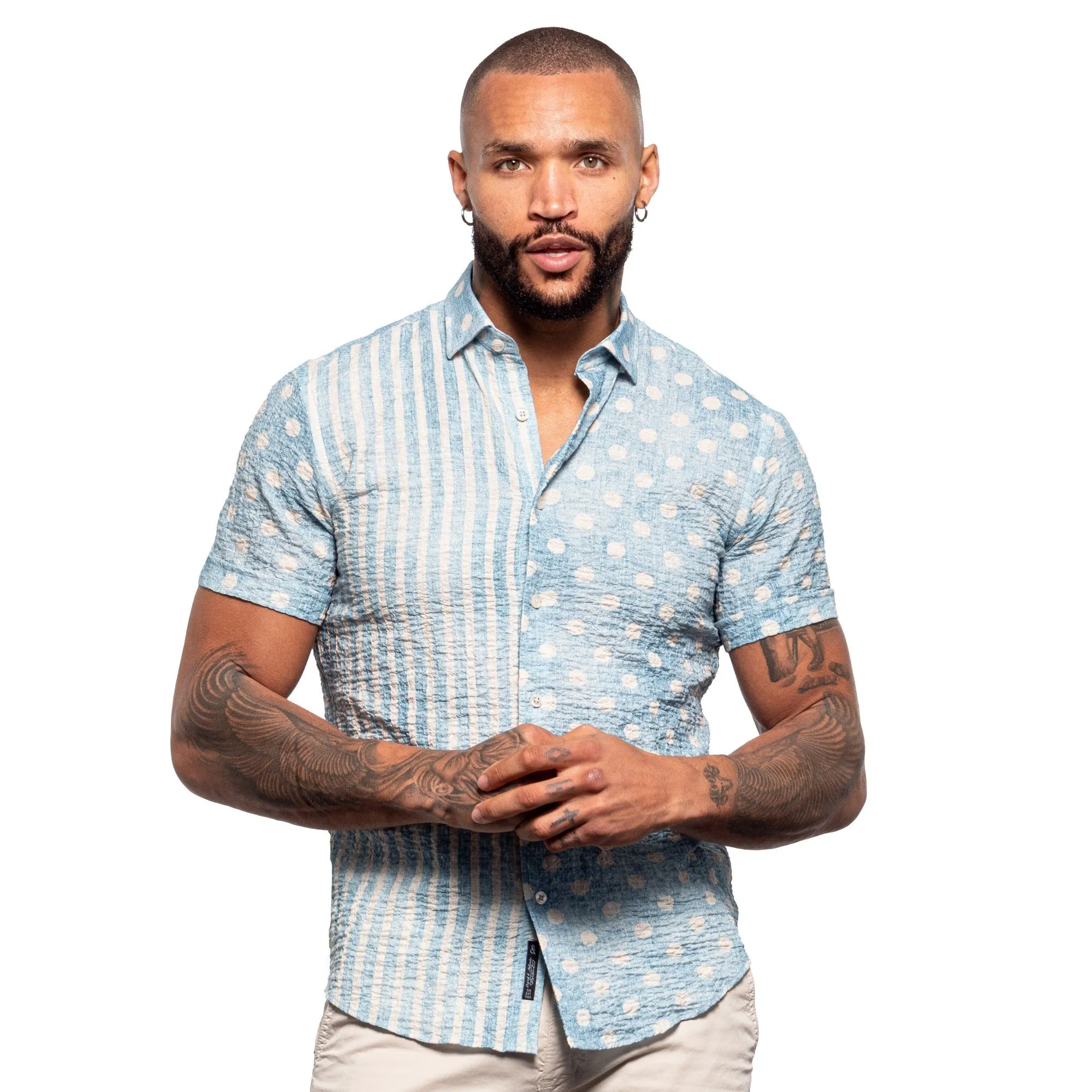 Two Ways Seersucker Short Sleeve Shirt - Blue