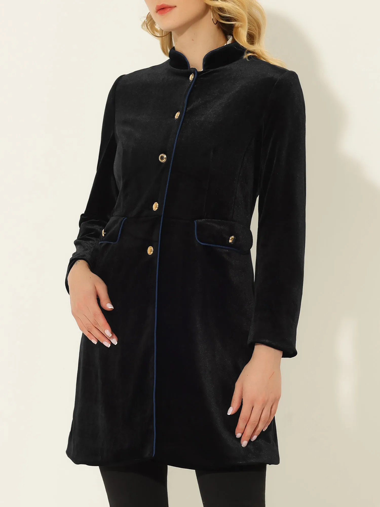 Velvet Contrast Trim Pockets Stand Collar Single Breasted Long Coat