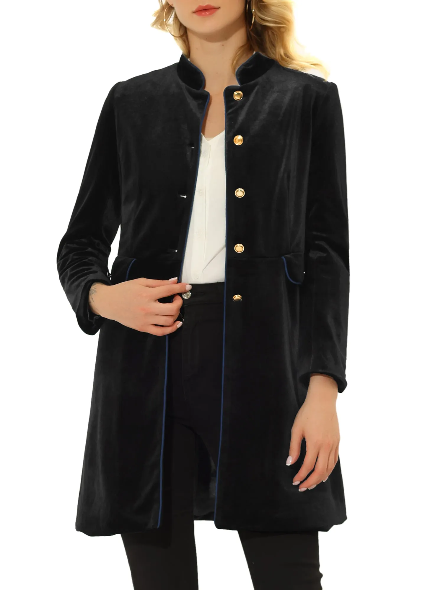 Velvet Contrast Trim Pockets Stand Collar Single Breasted Long Coat