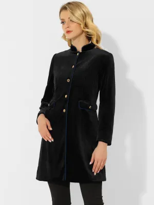 Velvet Contrast Trim Pockets Stand Collar Single Breasted Long Coat