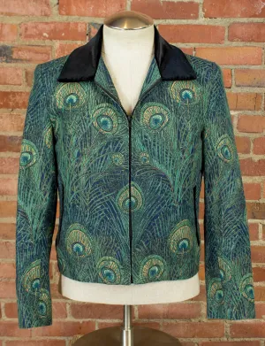 Vintage 70s Granny Takes a Trip Peacock Jacket with Black Velvet Accents Small