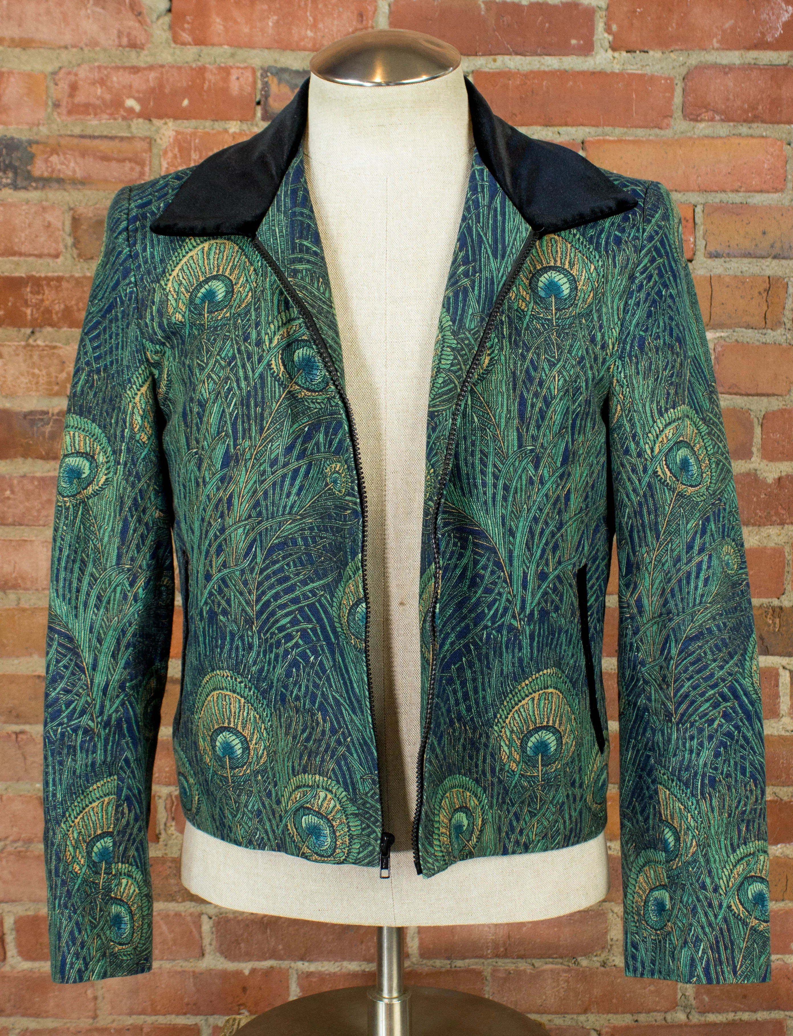 Vintage 70s Granny Takes a Trip Peacock Jacket with Black Velvet Accents Small