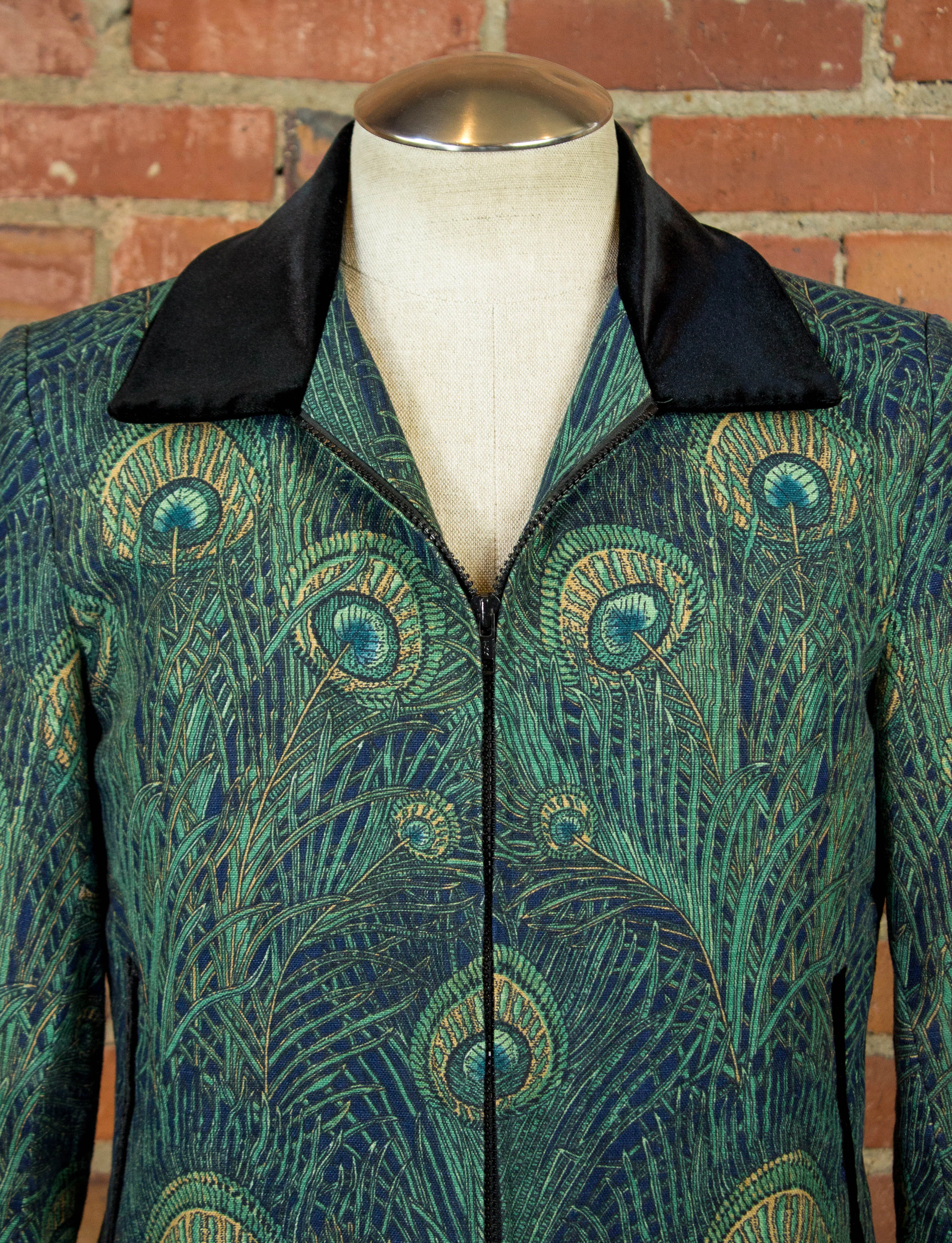 Vintage 70s Granny Takes a Trip Peacock Jacket with Black Velvet Accents Small