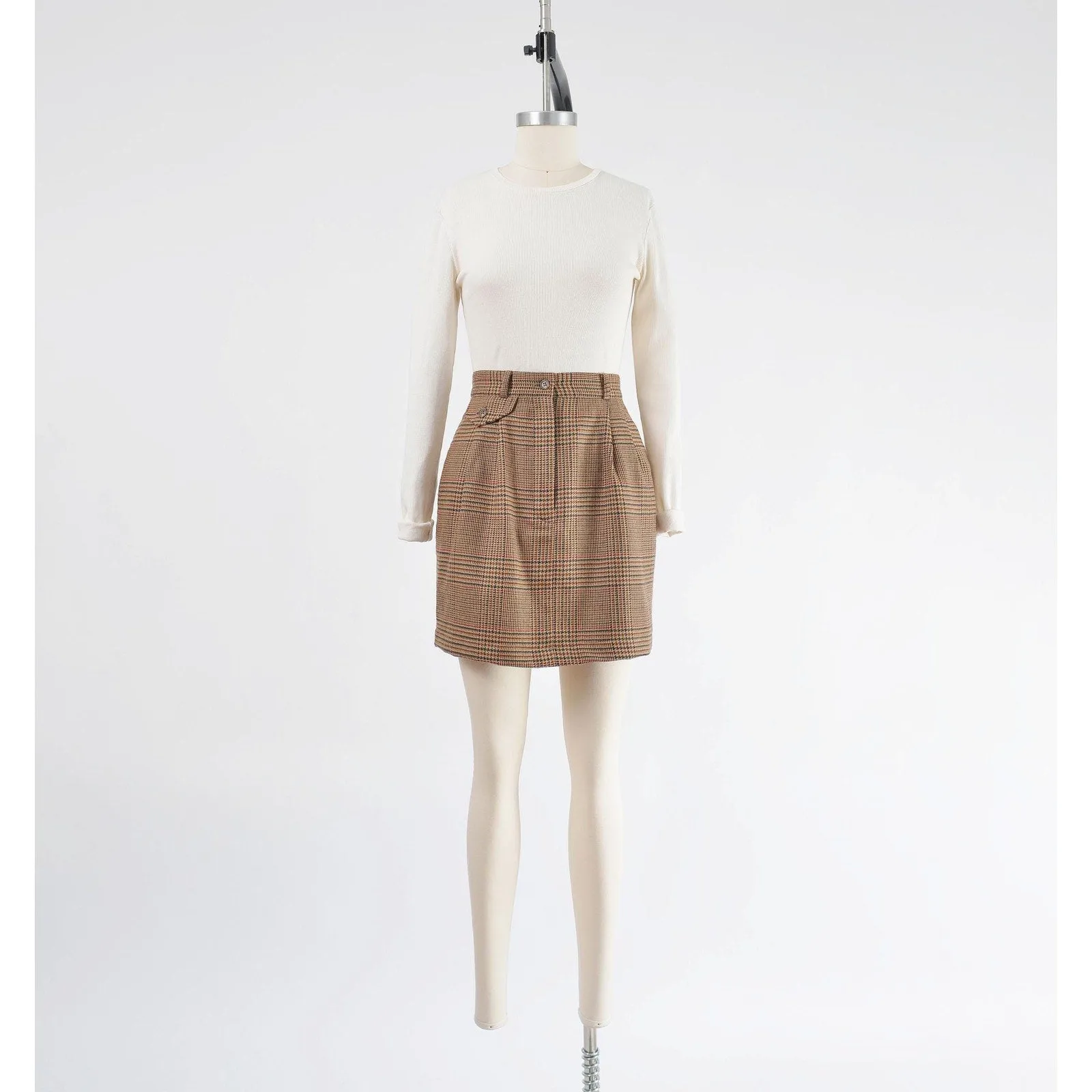 Vintage 80s Brown Plaid Wool Skirt High Waisted Pleated Front Mini Skirt with Pockets size M