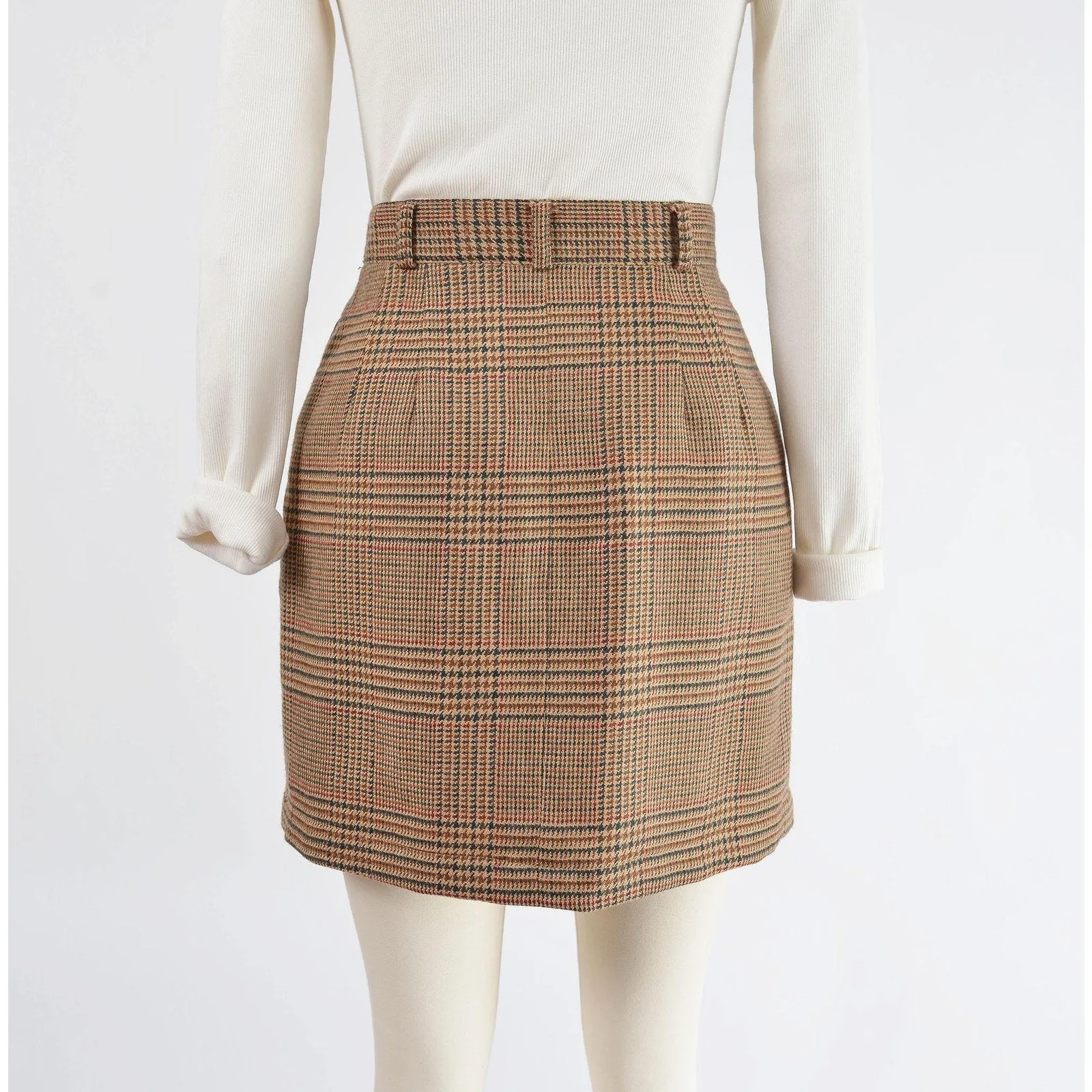 Vintage 80s Brown Plaid Wool Skirt High Waisted Pleated Front Mini Skirt with Pockets size M