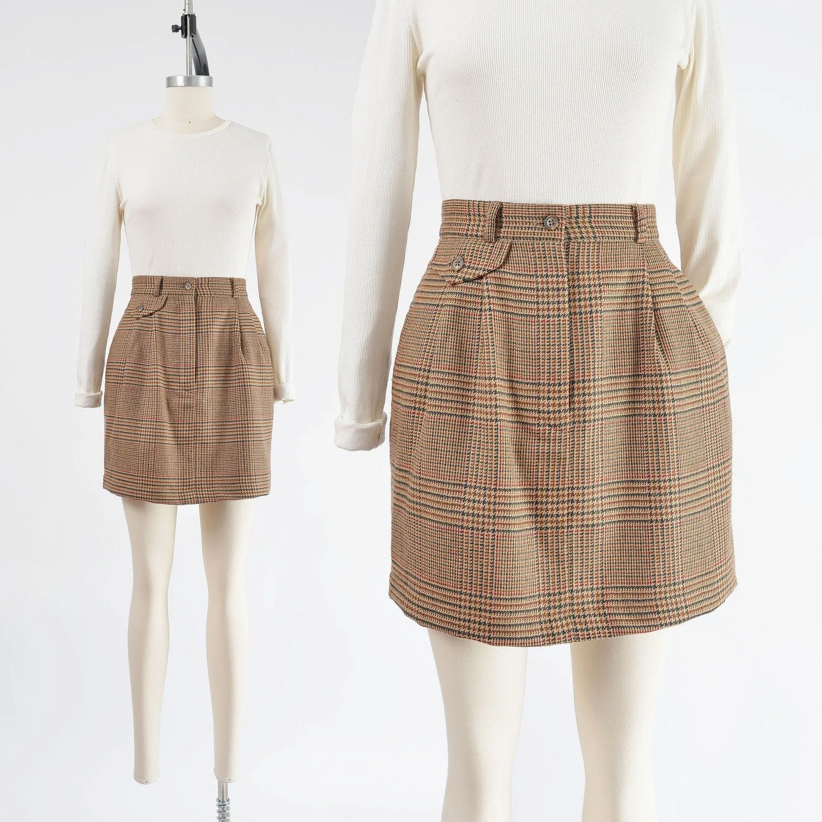 Vintage 80s Brown Plaid Wool Skirt High Waisted Pleated Front Mini Skirt with Pockets size M