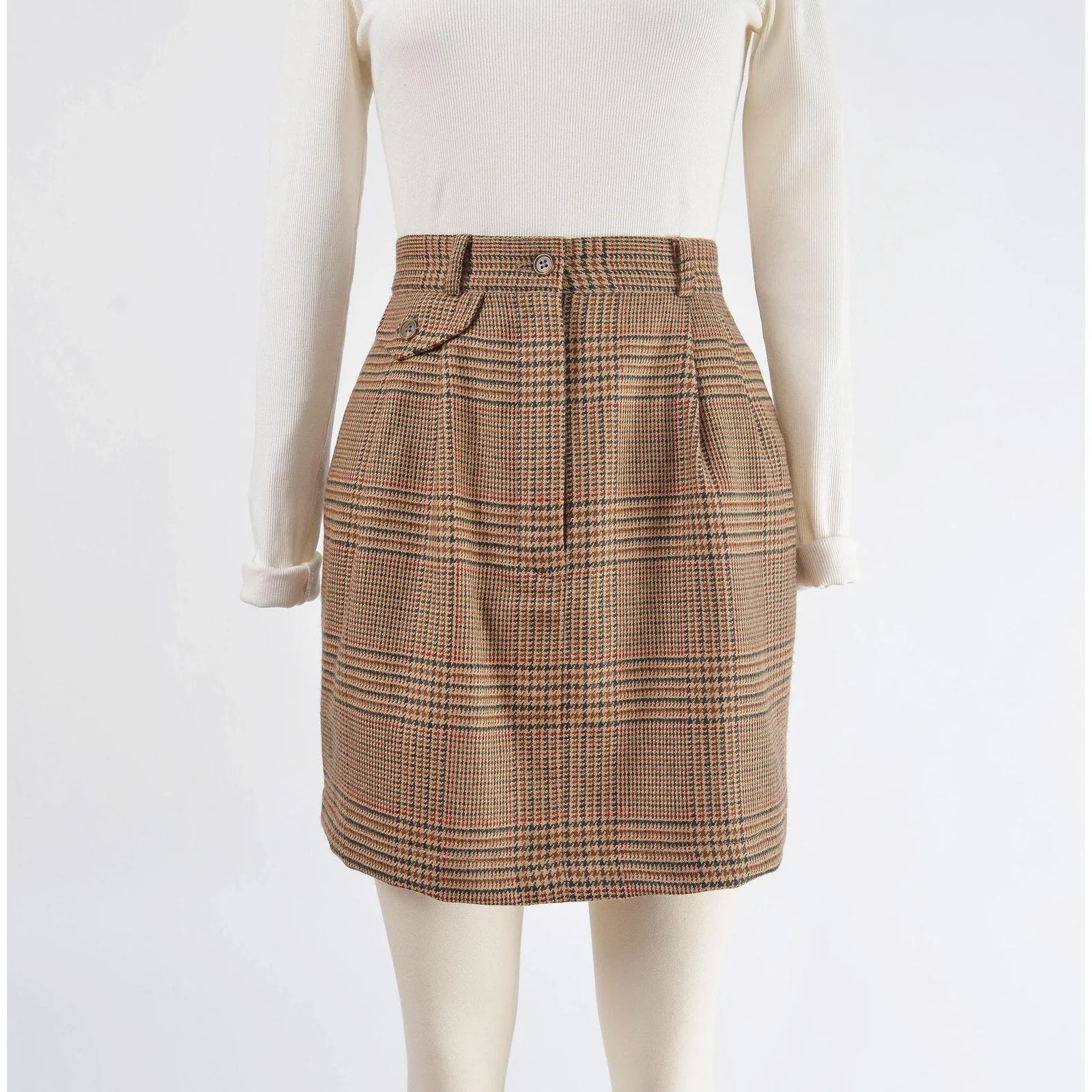 Vintage 80s Brown Plaid Wool Skirt High Waisted Pleated Front Mini Skirt with Pockets size M