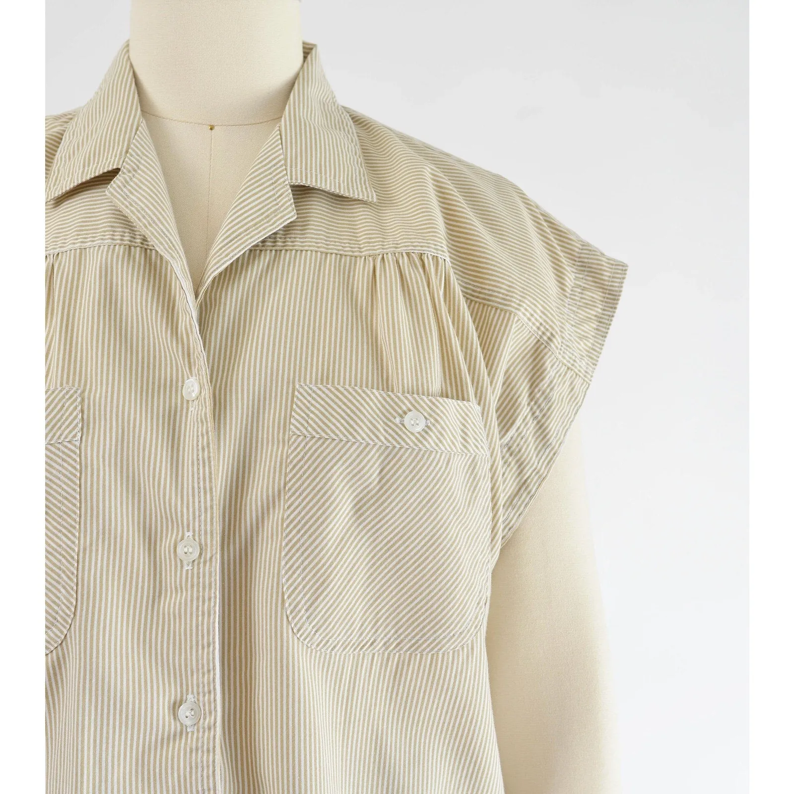 Vintage 90s Striped Cap Sleeve Shirt Tan and White Cotton Blend Blouse size Large