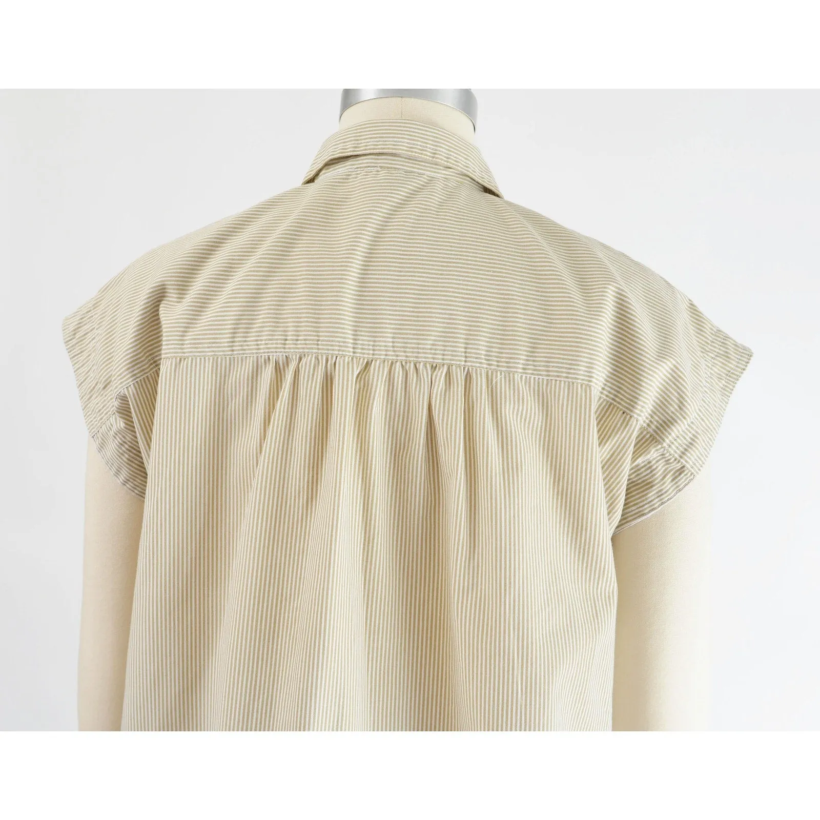 Vintage 90s Striped Cap Sleeve Shirt Tan and White Cotton Blend Blouse size Large