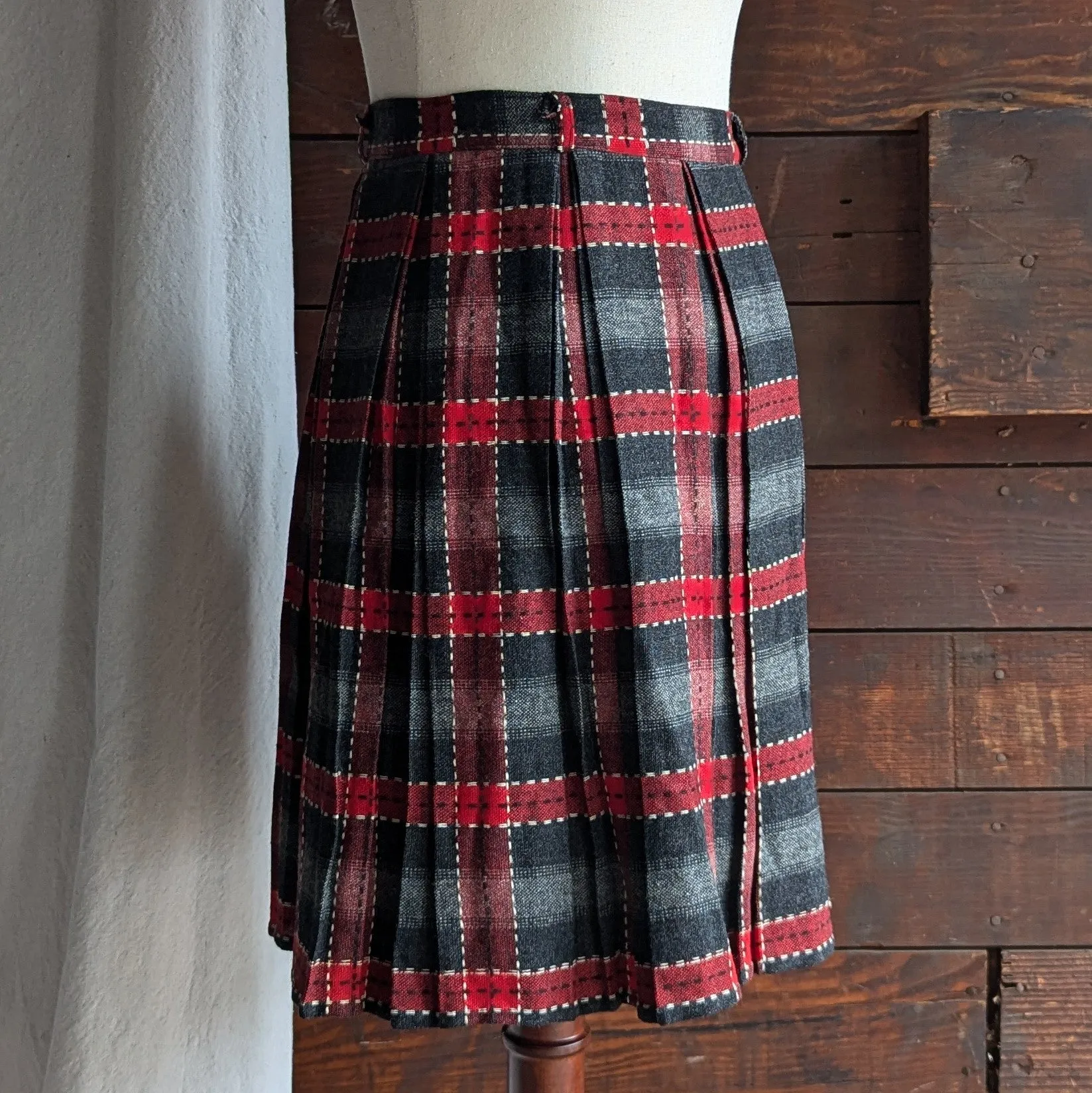 Vintage Red and Black Pleated Wool Mini Skirt