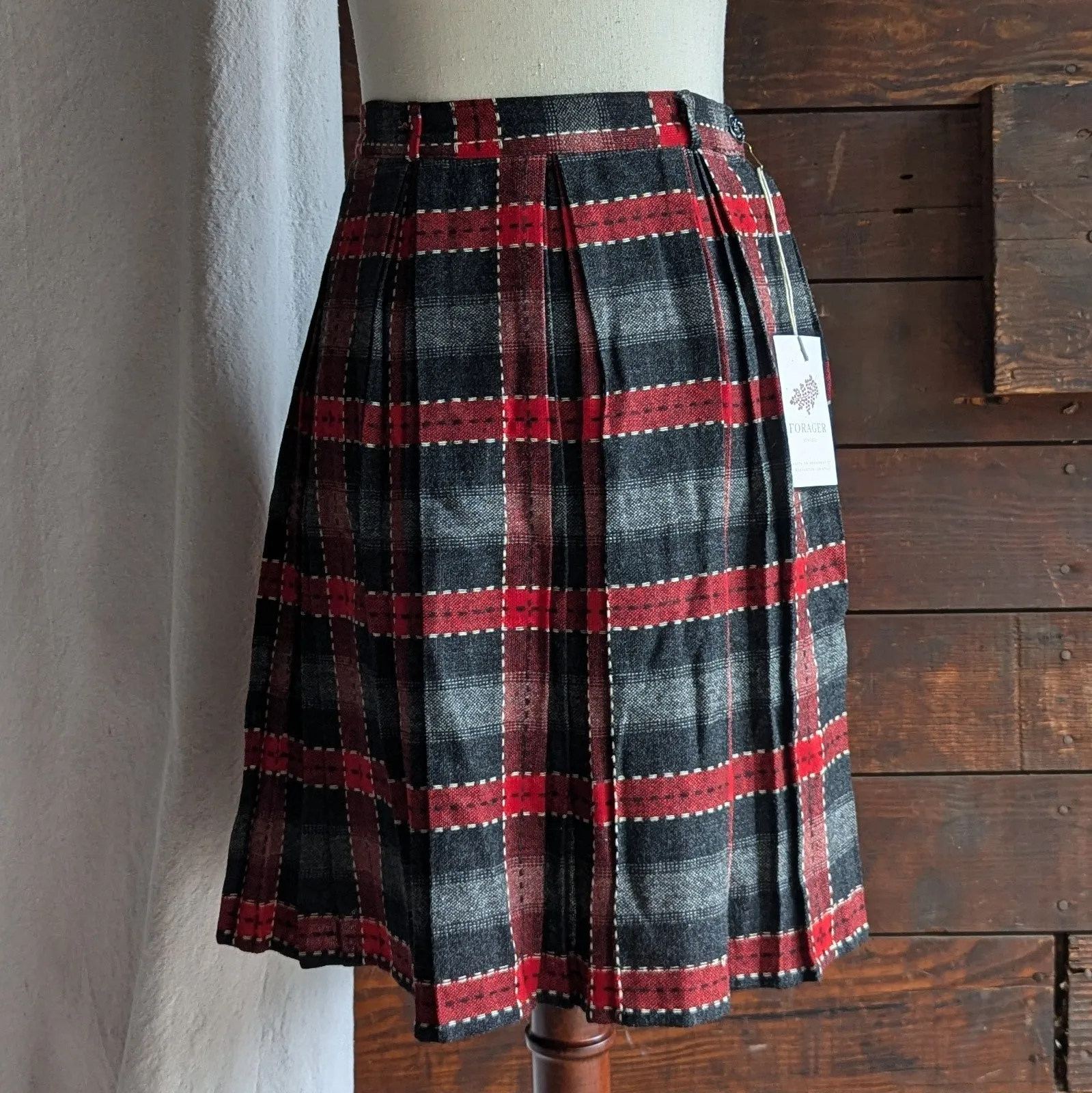 Vintage Red and Black Pleated Wool Mini Skirt