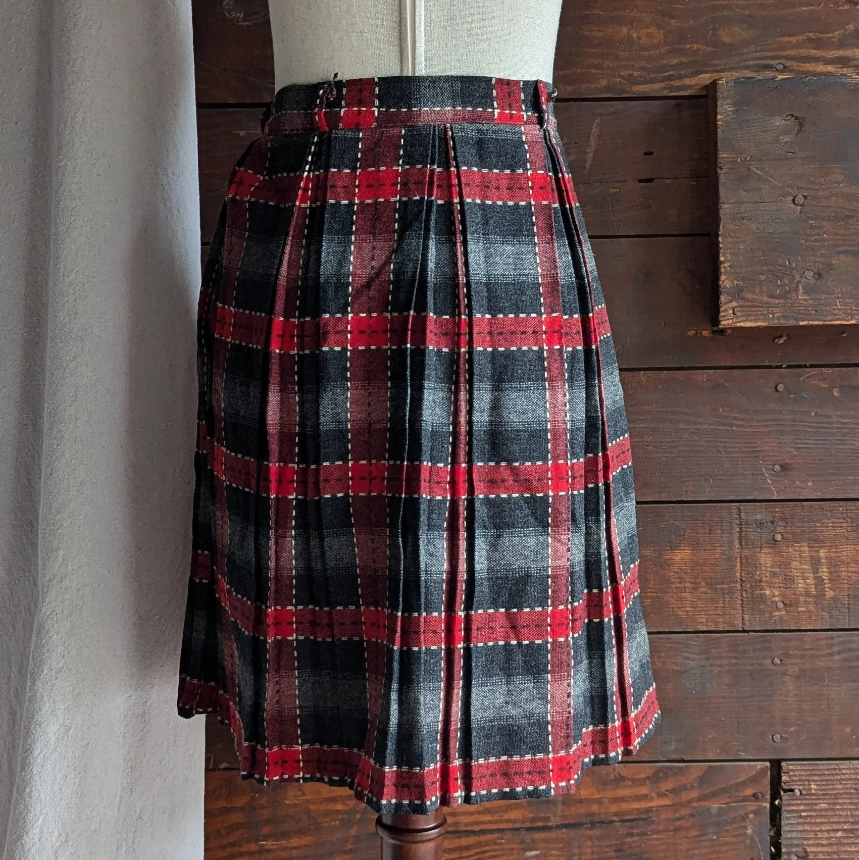 Vintage Red and Black Pleated Wool Mini Skirt