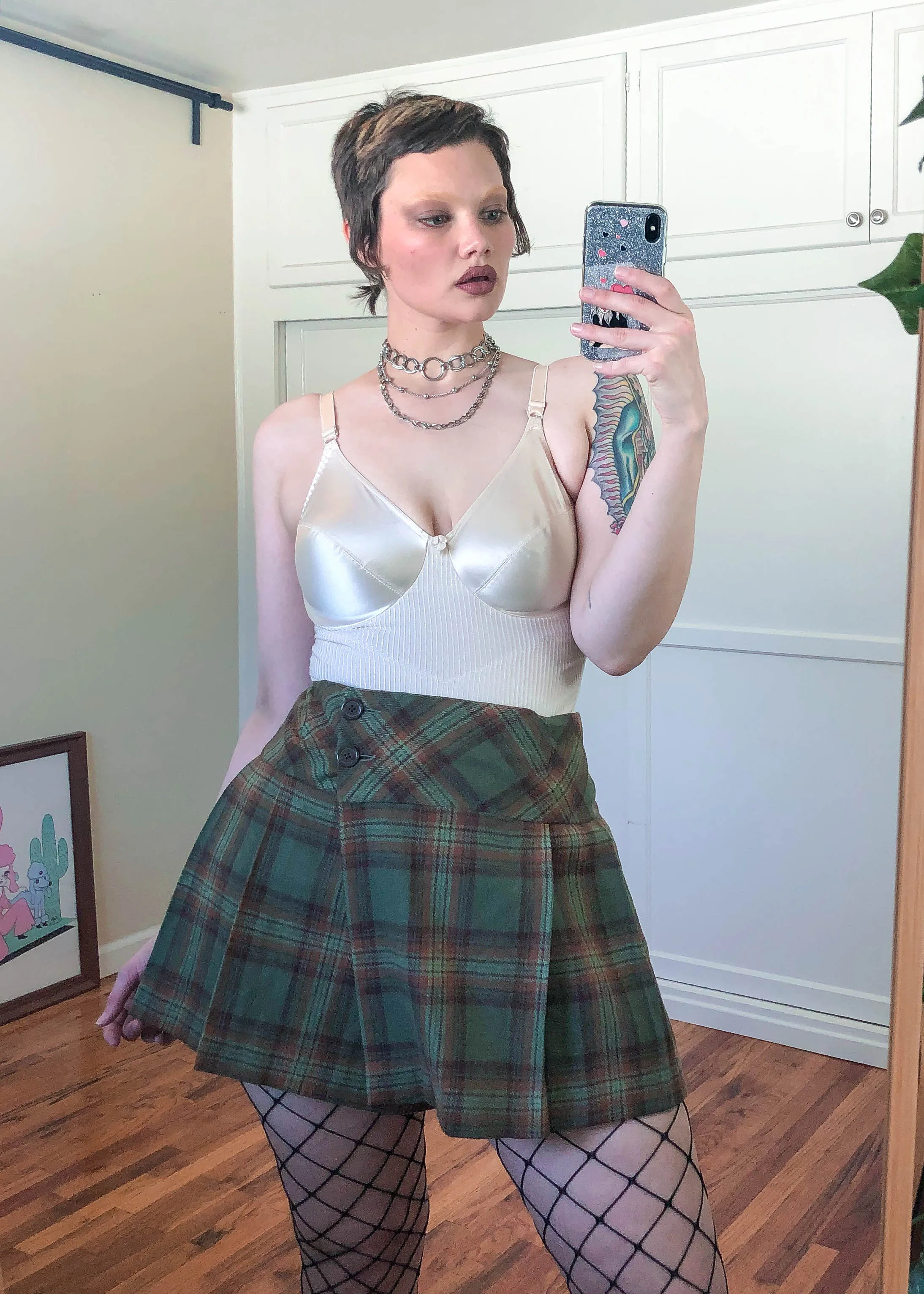 Vintage Y2K Green Plaid Pleated Mini Skirt - 2X