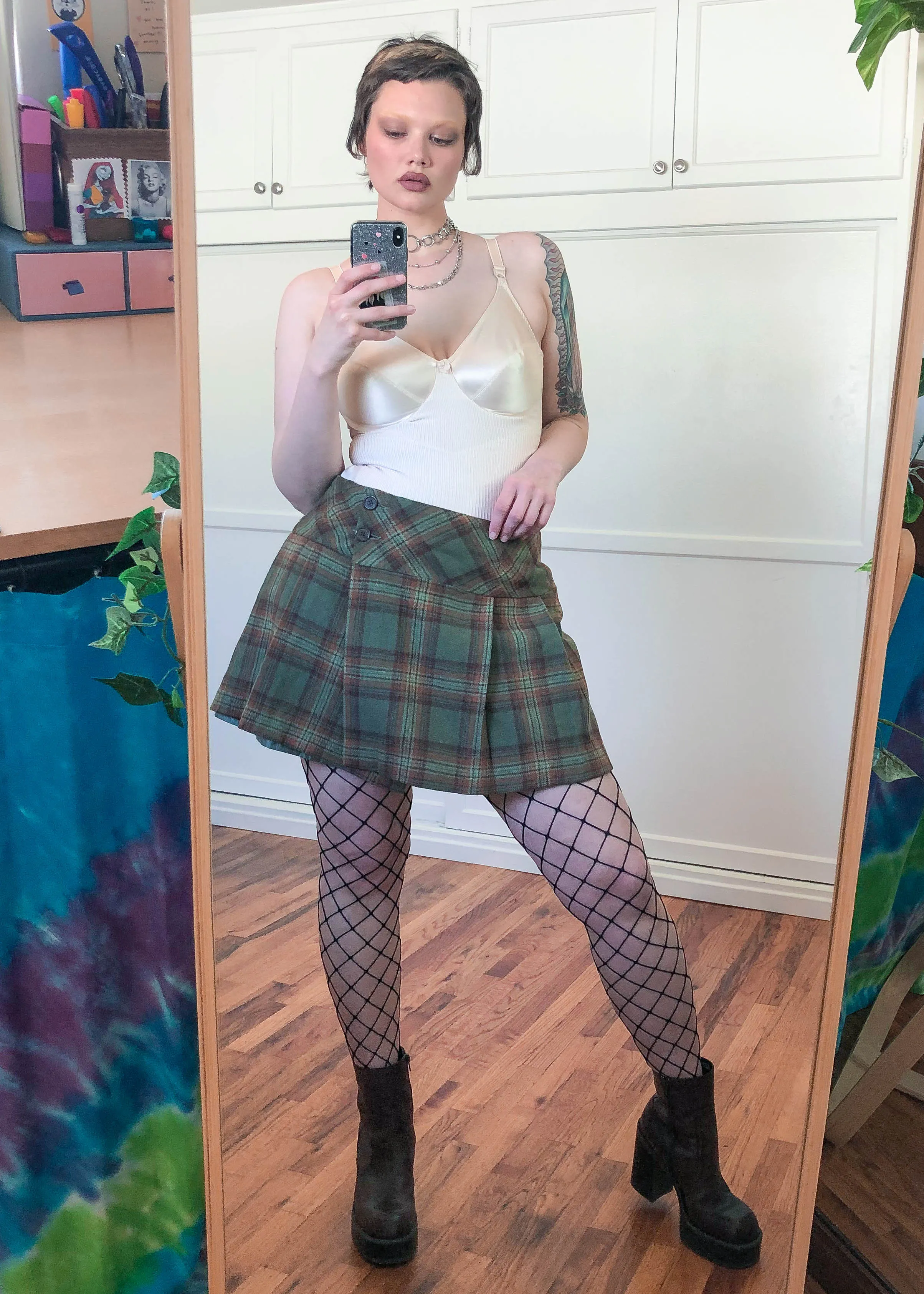 Vintage Y2K Green Plaid Pleated Mini Skirt - 2X