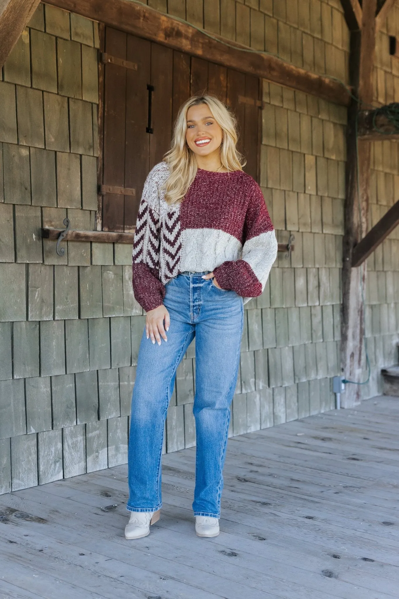 Wine Multi Color Block Cable Knit Sweater