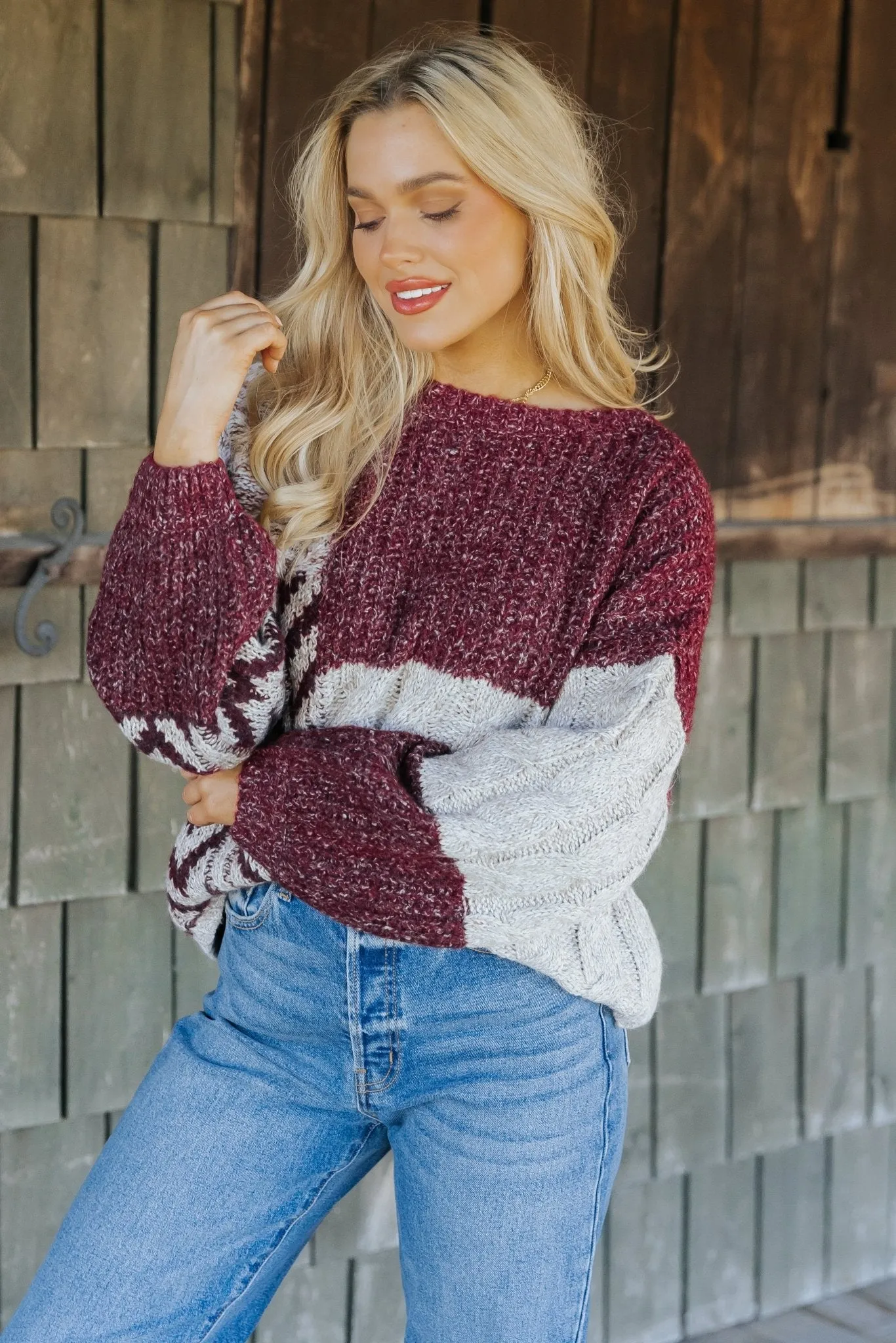 Wine Multi Color Block Cable Knit Sweater