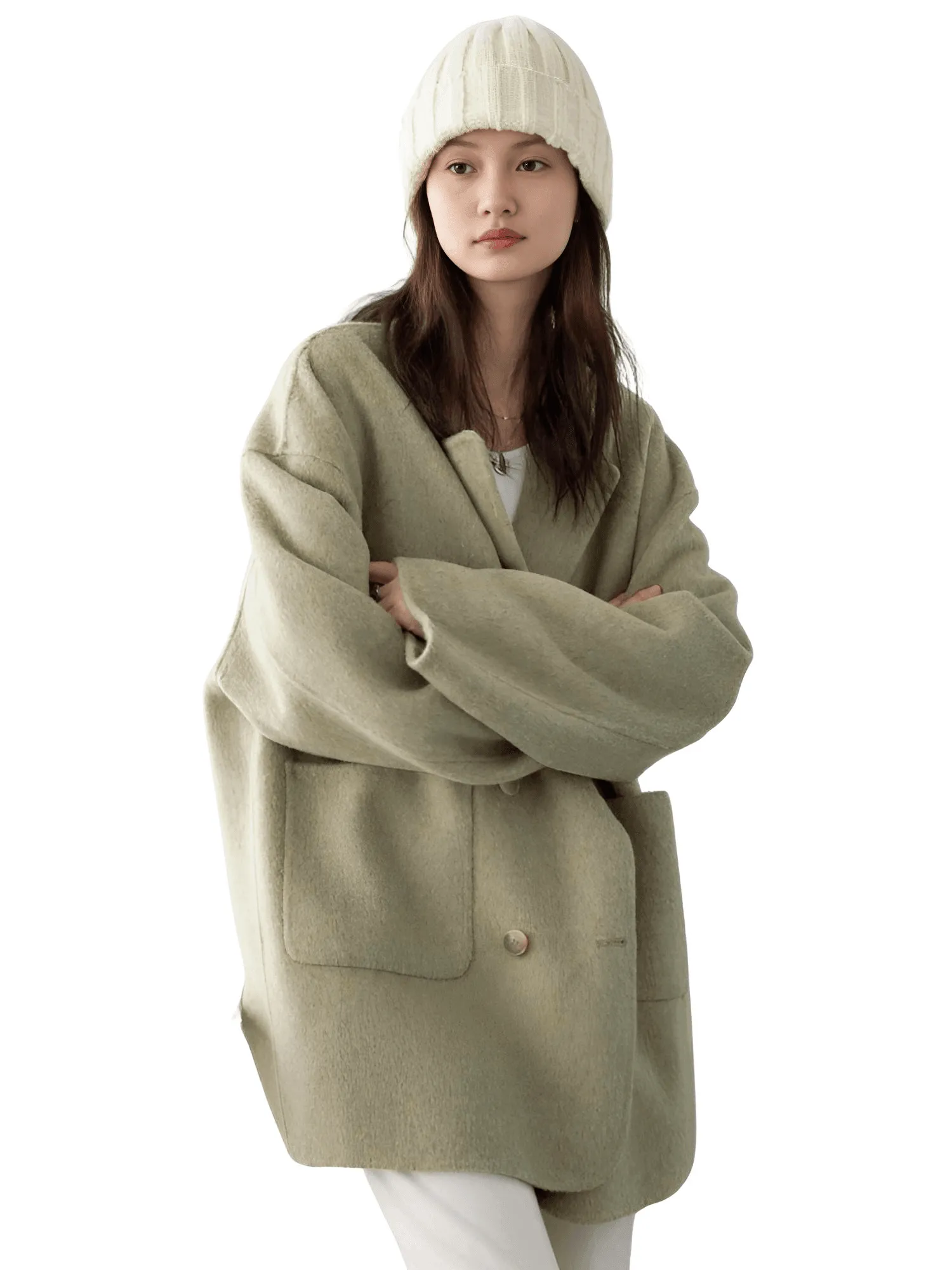 Women's Woolen Coats Loose Casual Double Breasted Retro Jacket Office Lady Outerwear