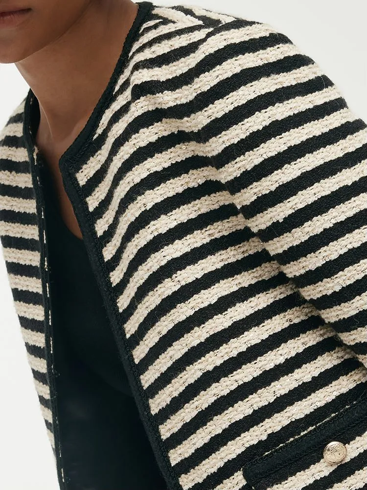 Wool Blend Black And White Stripe Tweed Women Crop Jacket