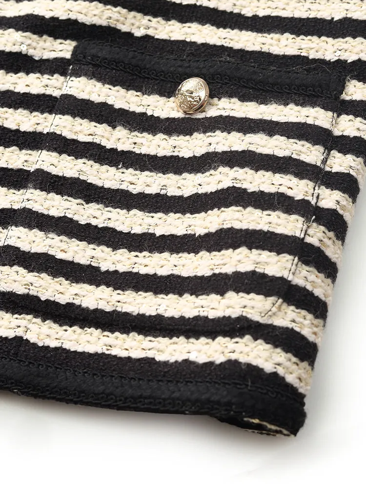 Wool Blend Black And White Stripe Tweed Women Crop Jacket