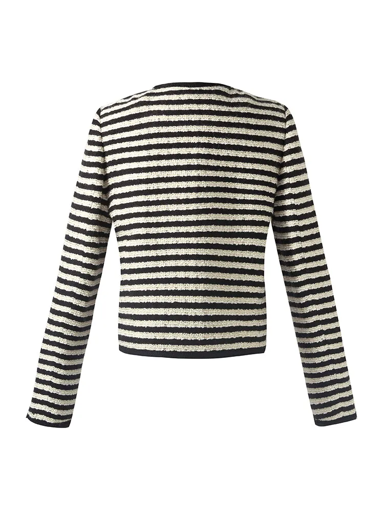 Wool Blend Black And White Stripe Tweed Women Crop Jacket