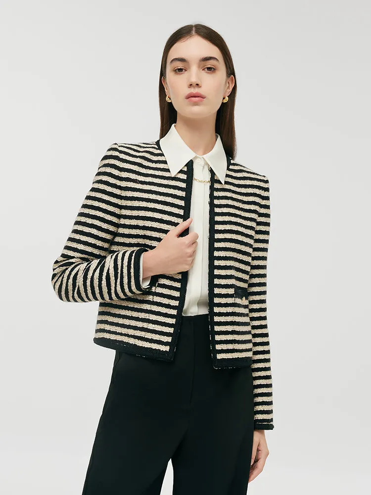 Wool Blend Black And White Stripe Tweed Women Crop Jacket