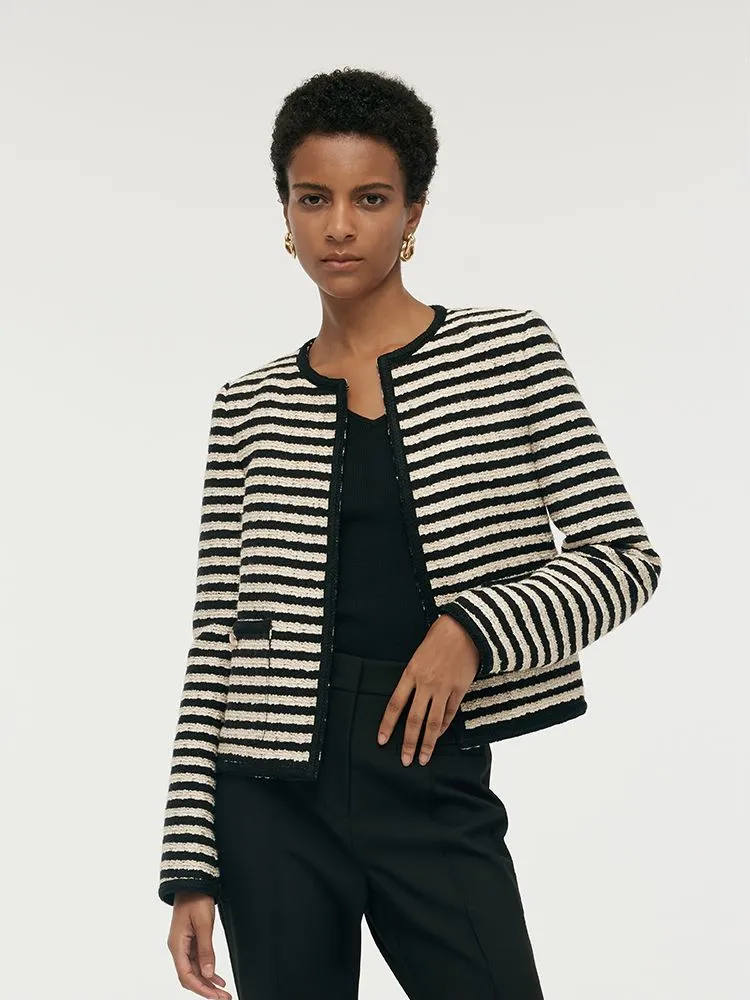 Wool Blend Black And White Stripe Tweed Women Crop Jacket