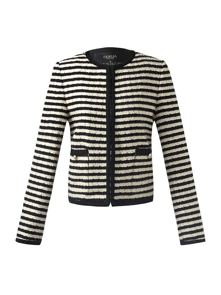 Wool Blend Black And White Stripe Tweed Women Crop Jacket