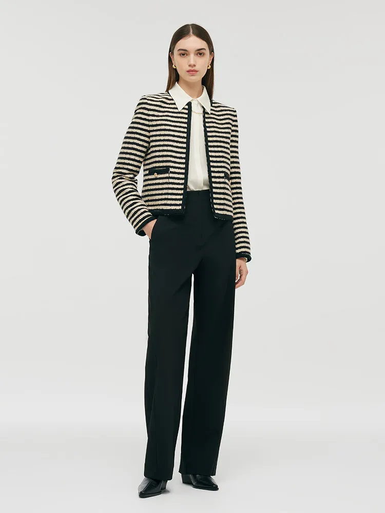 Wool Blend Black And White Stripe Tweed Women Crop Jacket