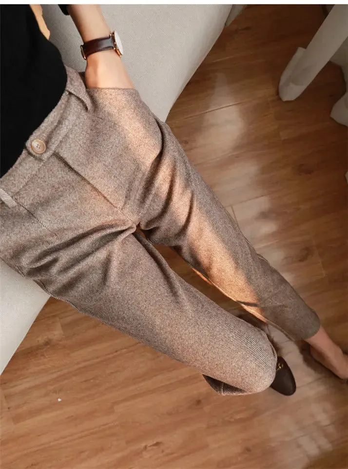 Woolen Pants Women's Harem Pencil Pants 2024 Autumn Winter High Waisted Casual Suit Pants Office Lady Women Trousers