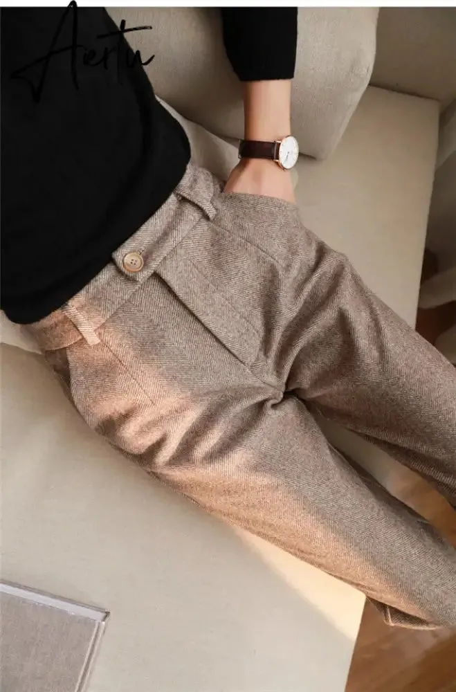 Woolen Pants Women's Harem Pencil Pants  Autumn Winter High Waisted Casual Suit Pants Office Lady Women Trousers